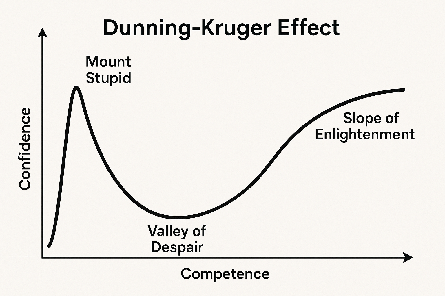 A graph showing the Dunning-Kruger Effect, with Mount Stupid representing high confidence at low competence.